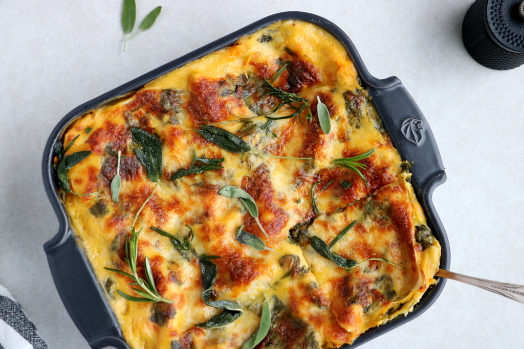 Lasagne mit Butternut-Kürbis, Spinat und Ziegenkäse