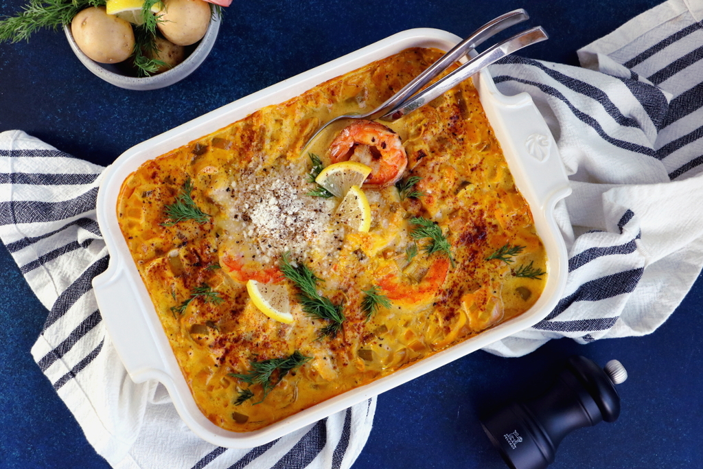 Fisch- und Meeresfrüchtegratin mit Safransoße